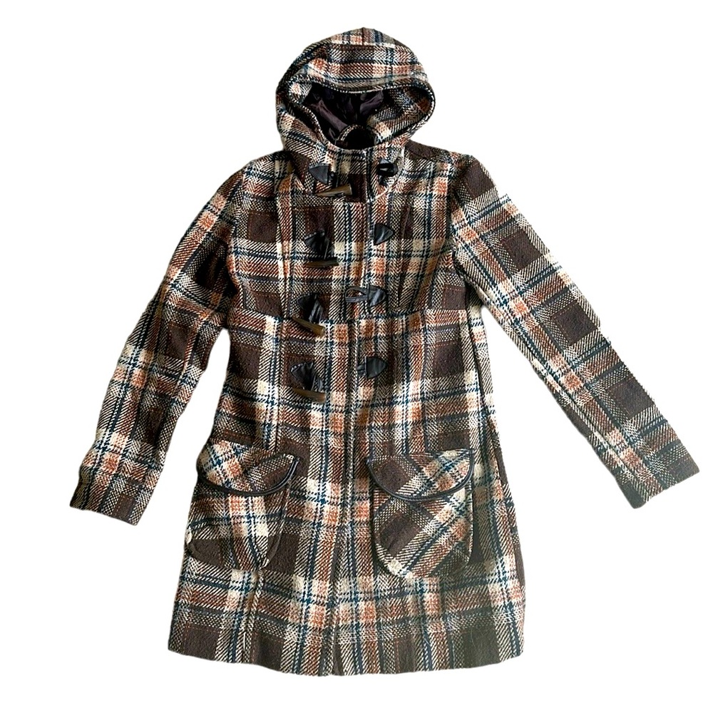 Delia’s Long Brown Plaid Zip Button Coat